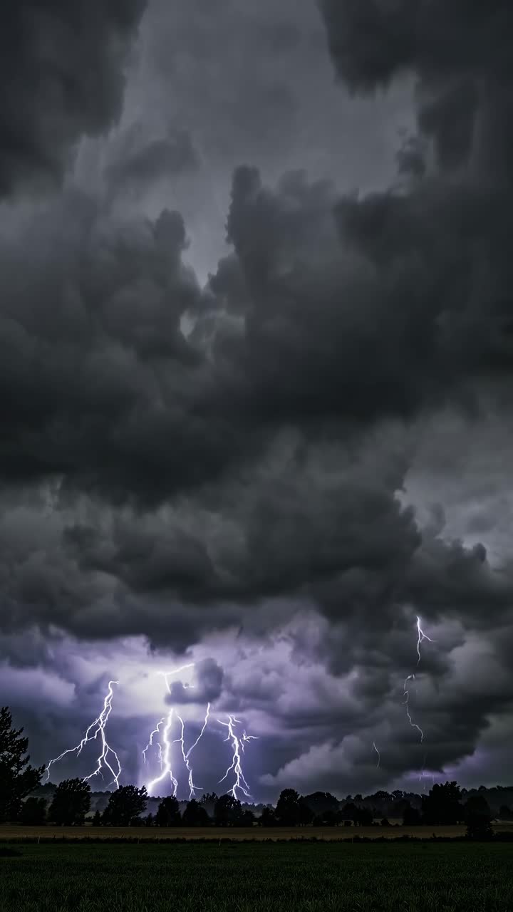 Lightning striking agricultural landscape, revealing raw electrical energy piercing dramatic storm clouds above farmland, capturing nature's intense power