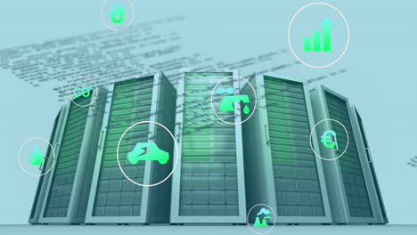 animation of eco icons and data processing over computer servers