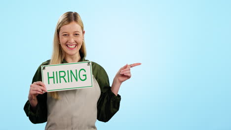 hiring, sign and vacancy with a waitress pointing