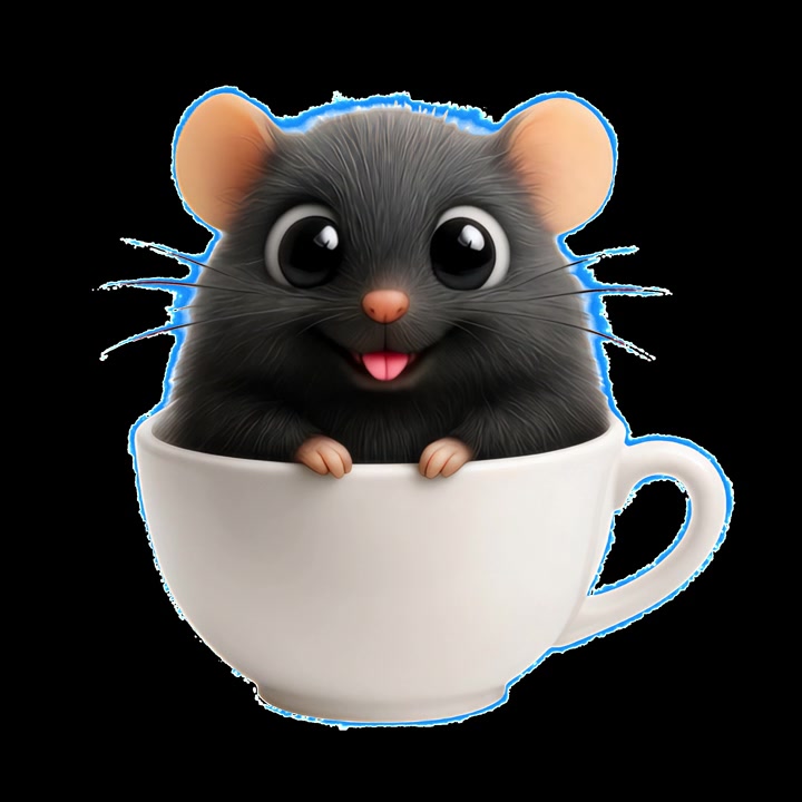 Simpatico topolino nero animato che ammicca e tira fuori la lingua in una tazza da tè bianca