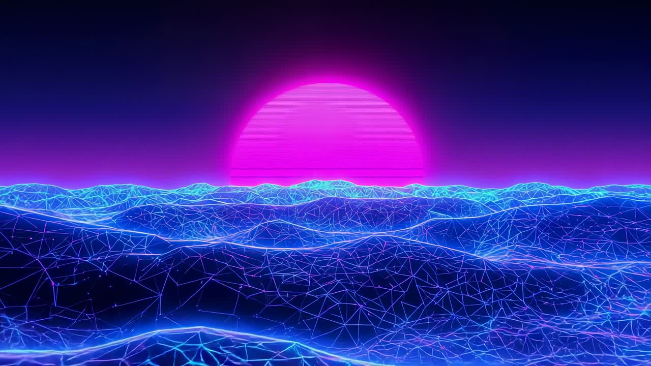 Upon opening neon pink half sun hovering over pulsing turquoise mesh grid, evoking futuristic vibe