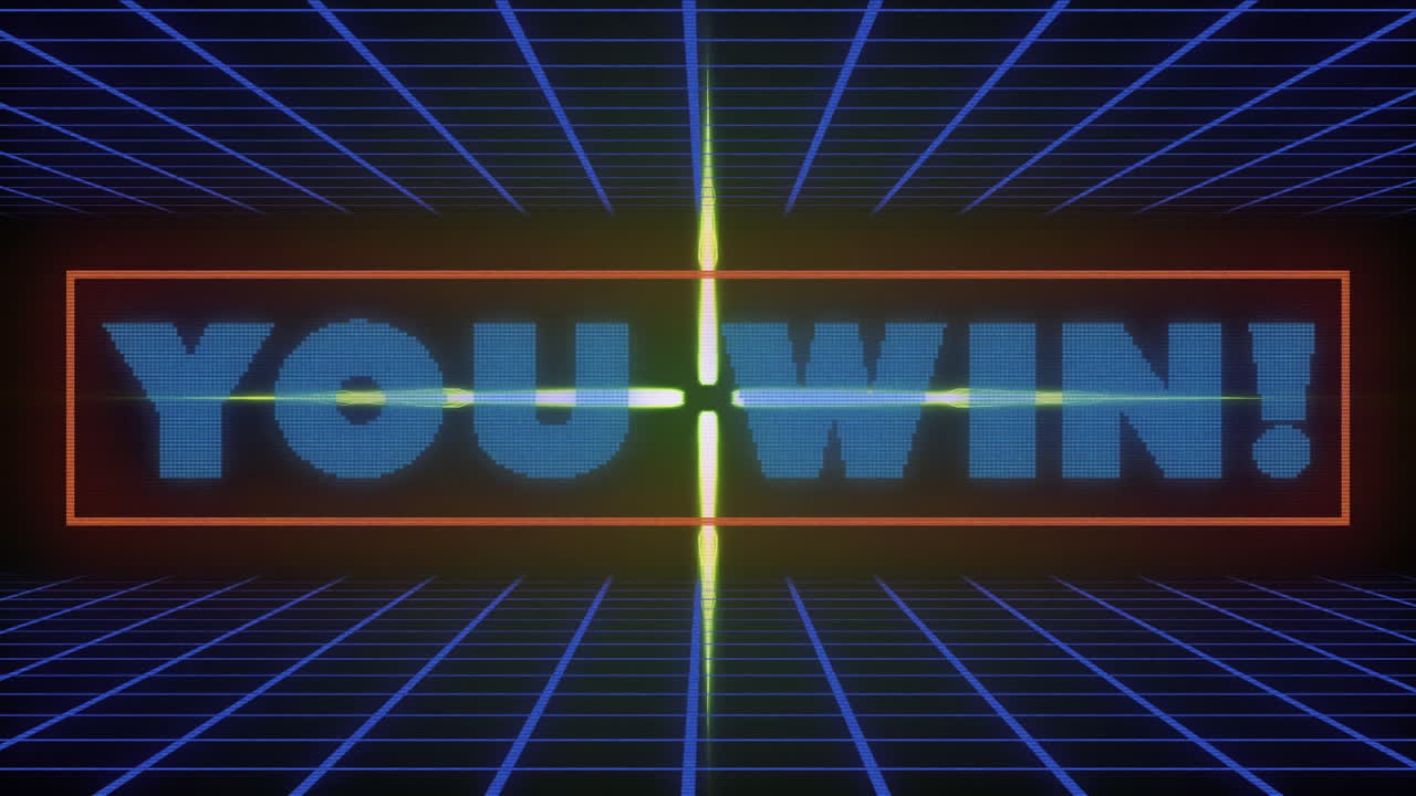 파란색 그리드와 녹색 빛나는 모양 위에 텍스트를 이기는 애니메이션