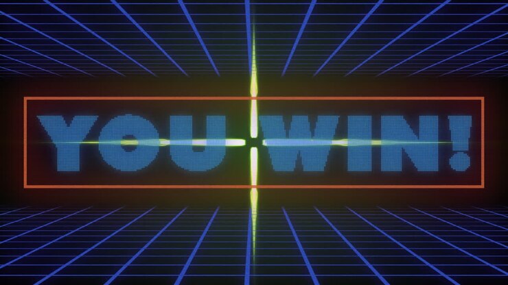 Animation of you win text over blue grid and green glowing shape