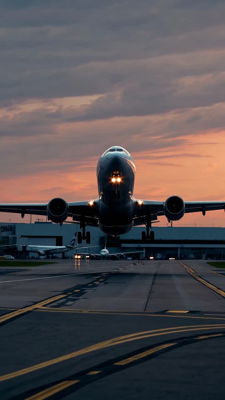 A low-angle video shot of an airplane taxiing on a runway at sunset, capturing the dramatic sky