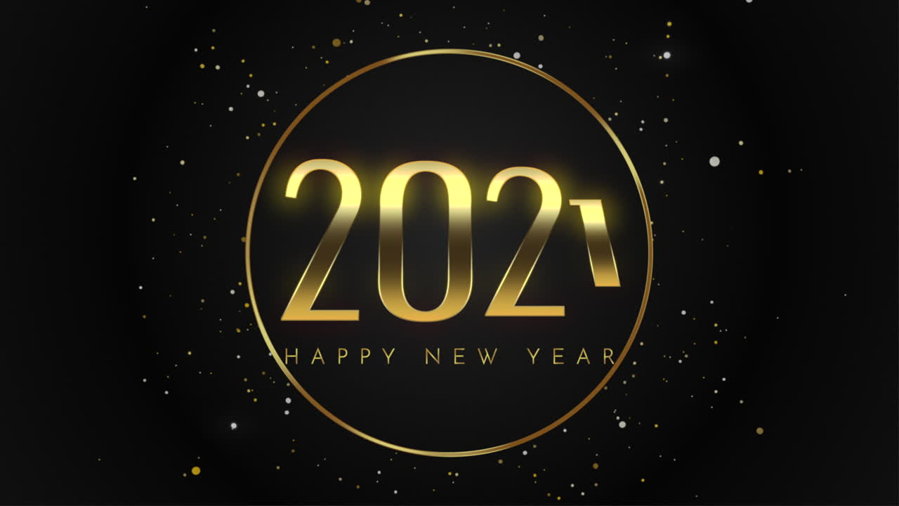 Animierte Nahaufnahme: Text '2021 und Frohes Neues Jahr' mit fliegenden goldenen Schneeflocken und Glitzer auf festlichem Hintergrund.