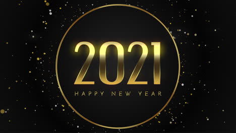 animated closeup 2021 and happy new year text with fly gold snowflakes and glitter on holiday background