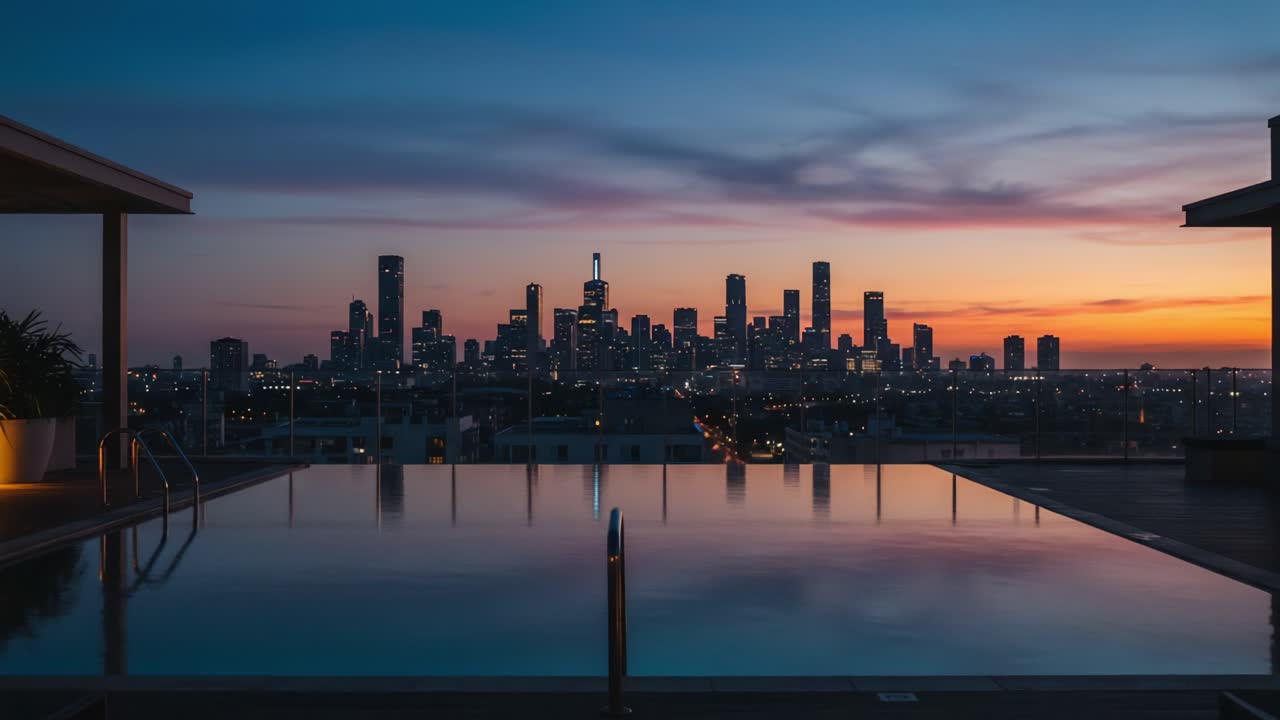 Stunning Sunset Skyline View Over Tranquil Pool Reflecting the City Lights at Dusk, Showcasing Urban Beauty and Serenity in the Evening Sky
