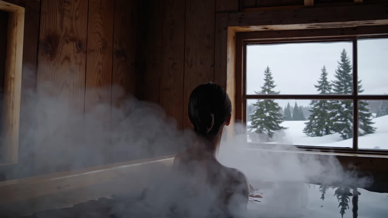 A serene video scene from a low angle captures a person in a steaming hot tub, gazing out a window