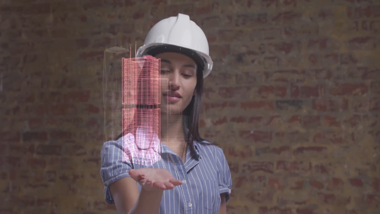 animación de un modelo interactivo en 3d de la ciudad girando sobre la mano de una arquitecta