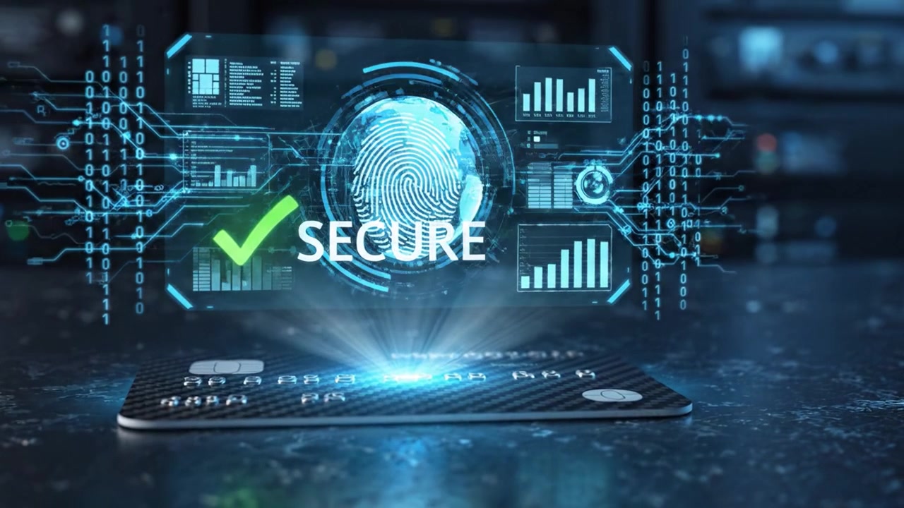 A sleek credit card positioned on a textured surface with advanced security holograms displaying biometric data and verification processes, symbolizing the future of digital finance security.