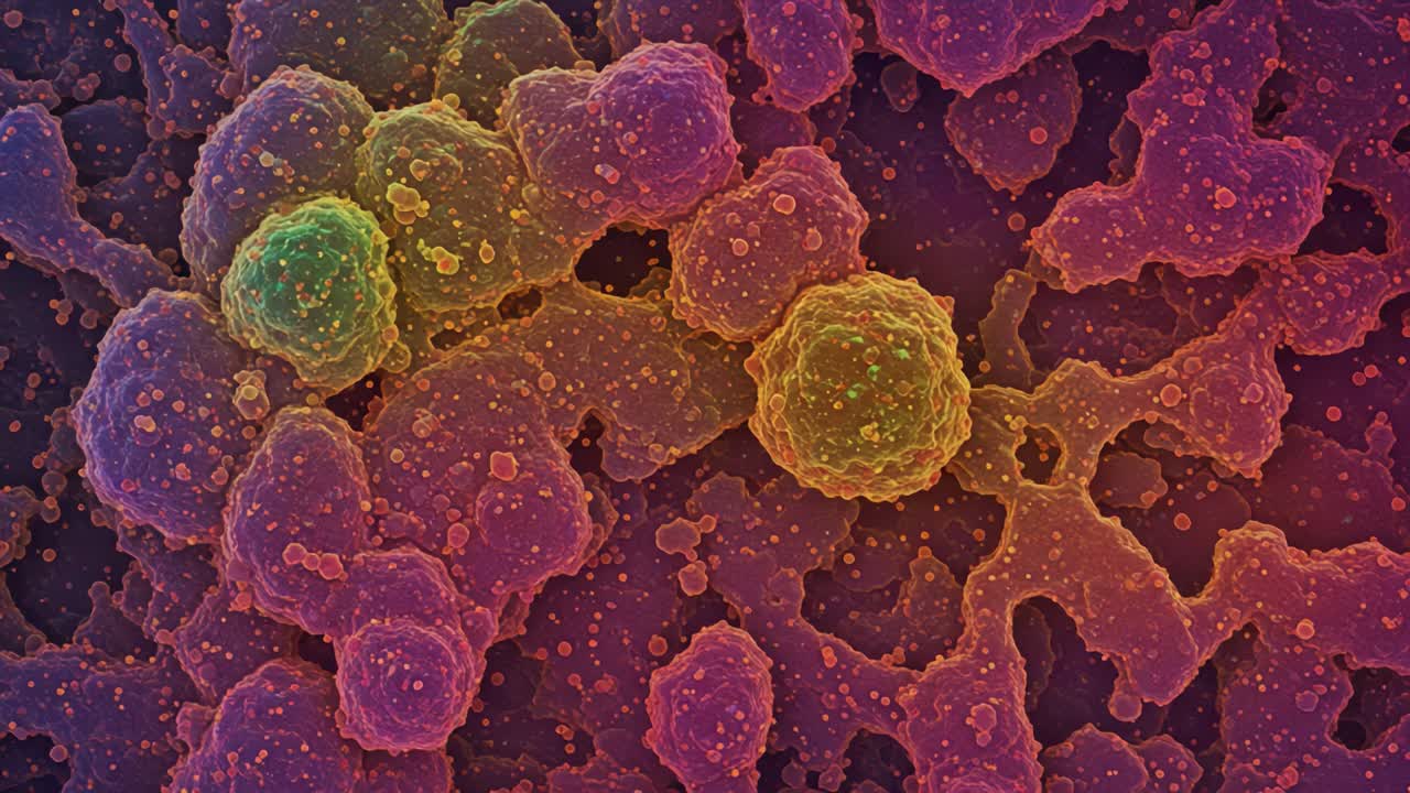 Vibrant Close-Up of Cellular Structures: Exploring the Intricate World of Microorganisms and Their Interactions Under High Magnification