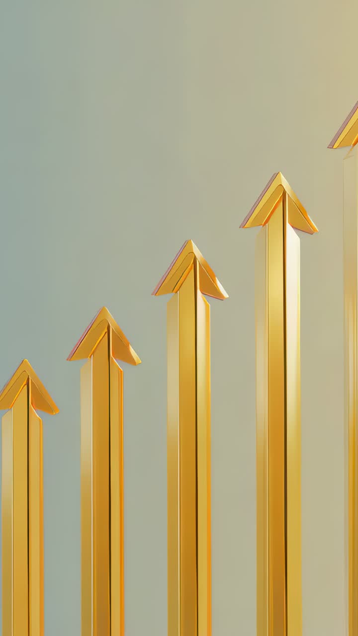 Vertical video: Camera pan causing 6 gold arrows growing, shifting right at studio, showing trend