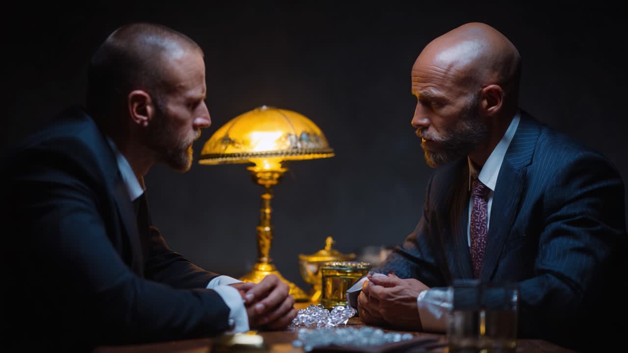 En anspændt forhandling udspiller sig mellem to strenge individer, oplyst af en vintage lampe, mens de deltager i en samtale med høje indsatser om juveler og værdigenstande.