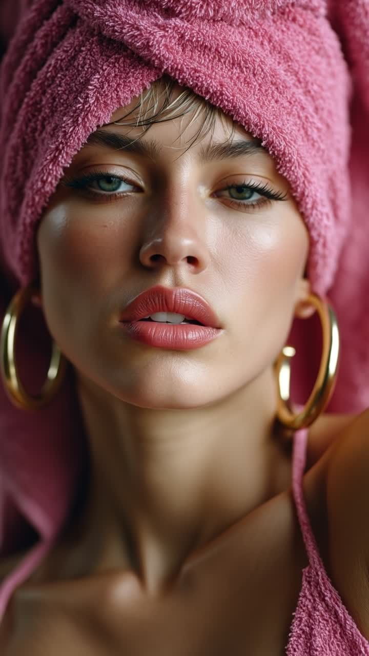 Bella giovane donna con un asciugamano rosa in testa che si rilassa con gli occhi chiusi dopo un trattamento spa.