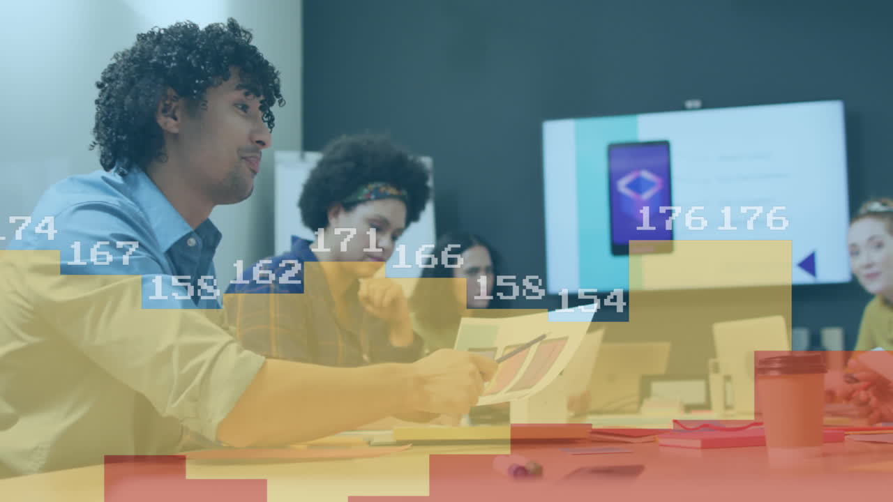 Animation of statistical data processing against biracial man discussing with colleagues at office
