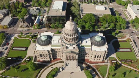 lowering aerial shot of idaho's state capitol building