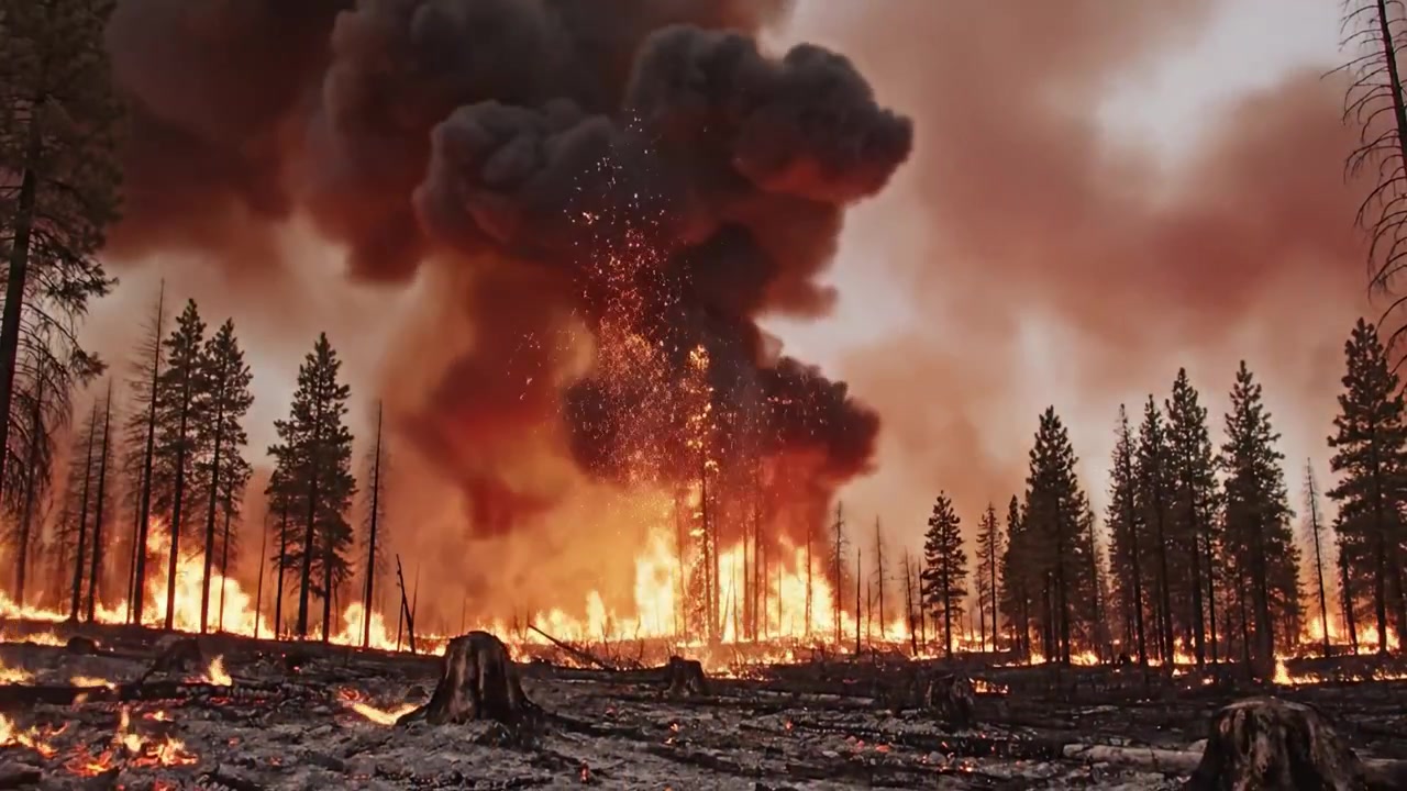 Un devastante incendio boschivo avvolge il paesaggio forestale, creando fiamme imponenti e fumo denso, evidenziando il potere distruttivo della natura in azione.