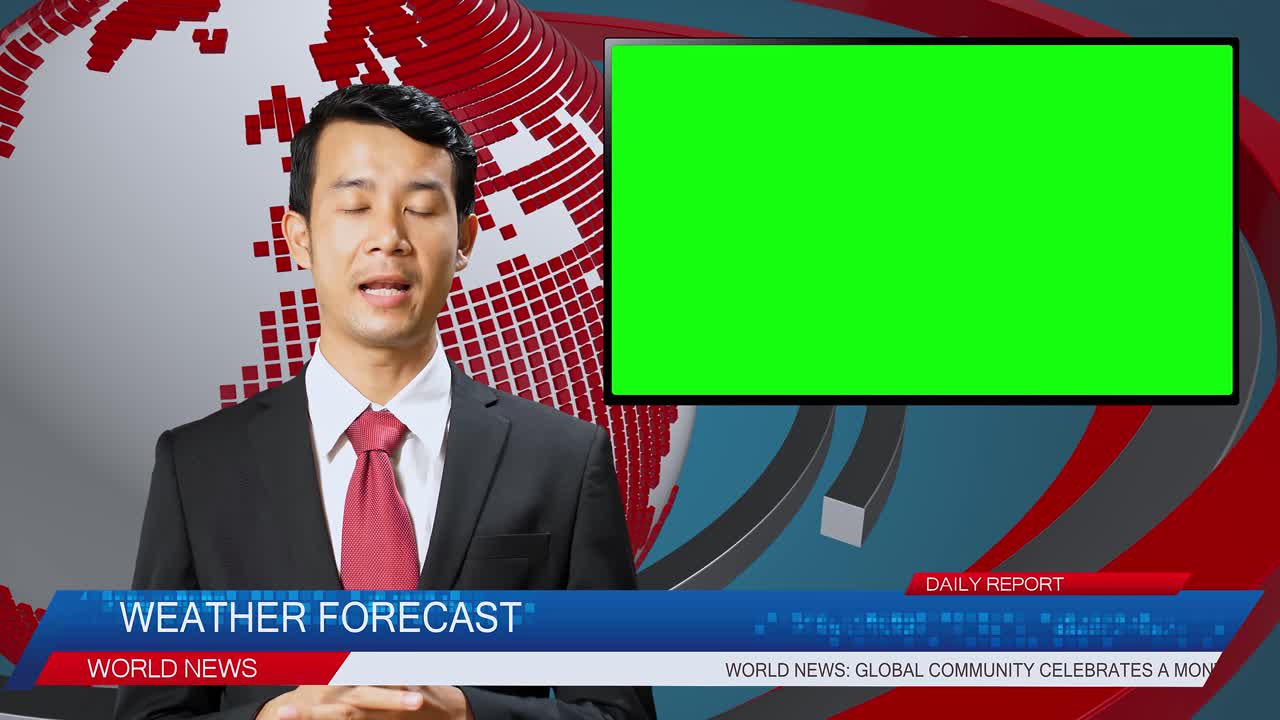 Live News Studio With Male Anchor Reporting On The Weather Forecast, Video Story Show Green Chroma Key Screen Placeholder Copy Space.Television Newsroom Channel With Professional Presenter