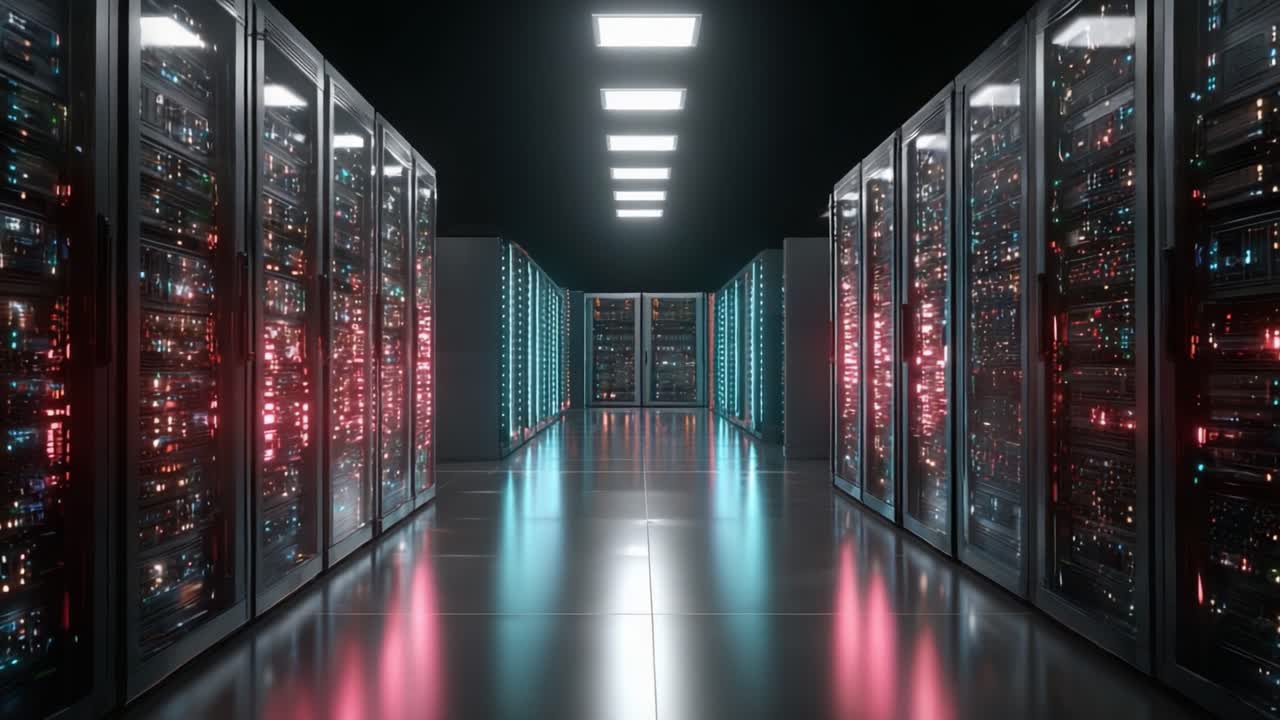 Una splendida panoramica di un moderno data center con file di server avanzati, illuminato da un bagliore futuristico in un ambiente computazionale ben organizzato.