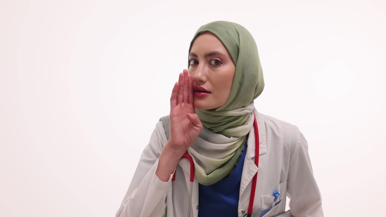 Başörtülü bir kadın doktor, fısıldama dahil çeşitli ifadeler ve eylemler sergiliyor.