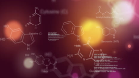 Animation-of-chemical-structures-and-data-processing-against-glowing-spots-of-light