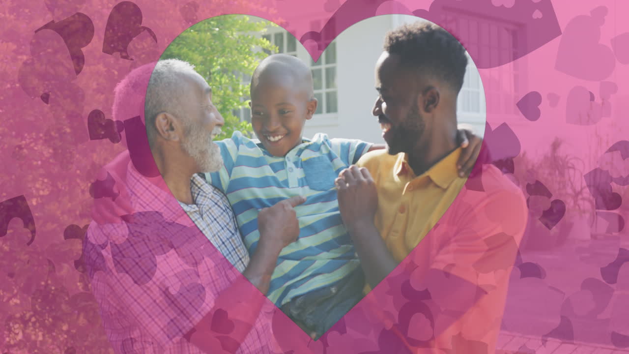 Animation of hearts over happy african american three generation men family in garden