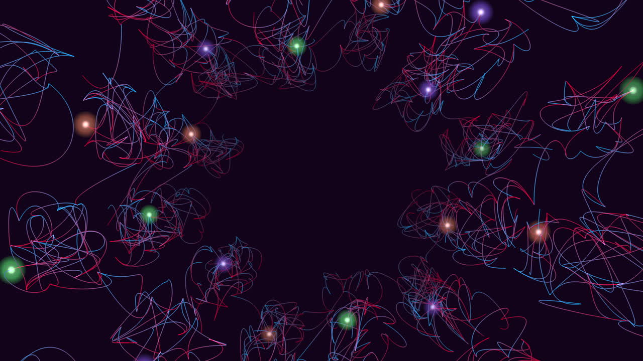 A vibrant circular design featuring colored lines intersecting in a swirling pattern, composed of thin lines with dotted textures, creating a mesmerizing visual effect