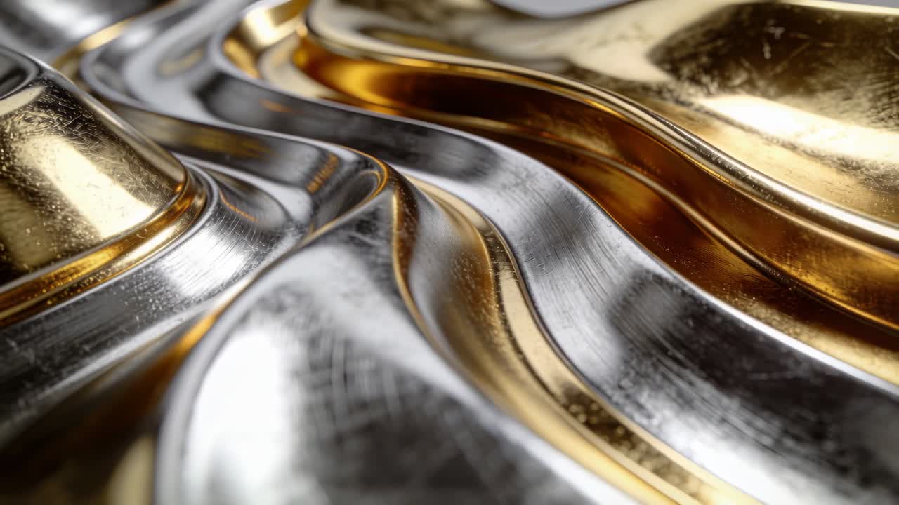 Creste ondulate riempiono un'inquadratura di design, con la telecamera che sposta le luci, muovendo scanalature color argento e oro che mostrano graffi