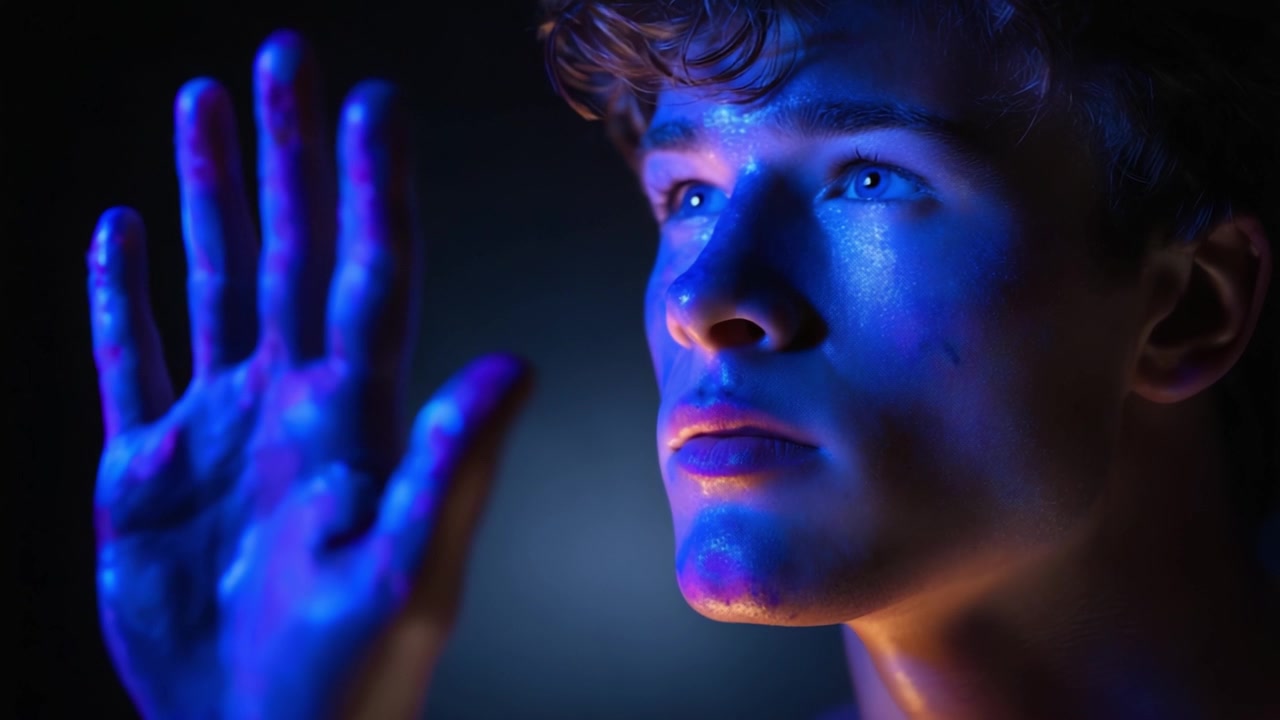 A contemplative young man with illuminated features and painted hands expresses emotion under vibrant blue and purple lighting in a cinematic atmosphere.