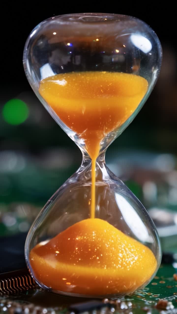 An hourglass displaying mesmerizing orange sand gracefully flowing, symbolizing the passage of time and scientific innovation on a circuit board backdrop