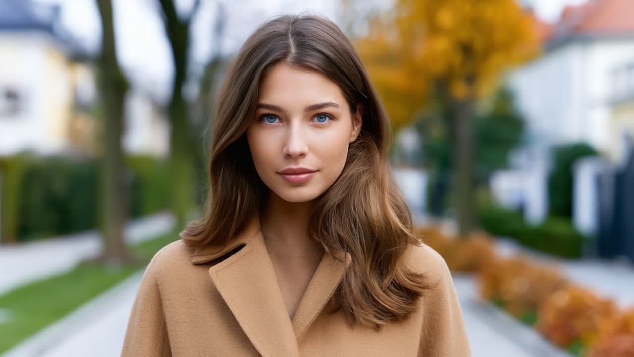 Una giovane donna con lunghi capelli bellissimi e occhi azzurri espressivi sta in piedi con sicurezza su una strada alberata in autunno, circondata da colori caldi e bellezza naturale