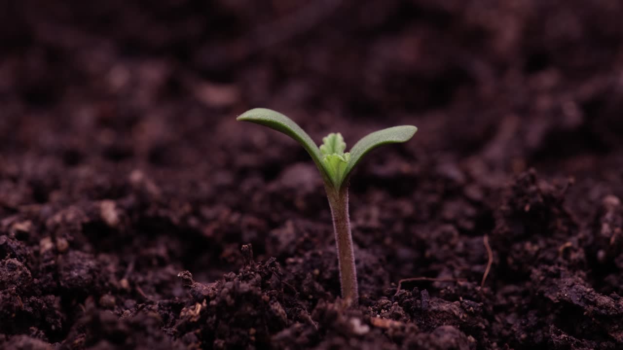Close-up of a small seedling emerging from the soil