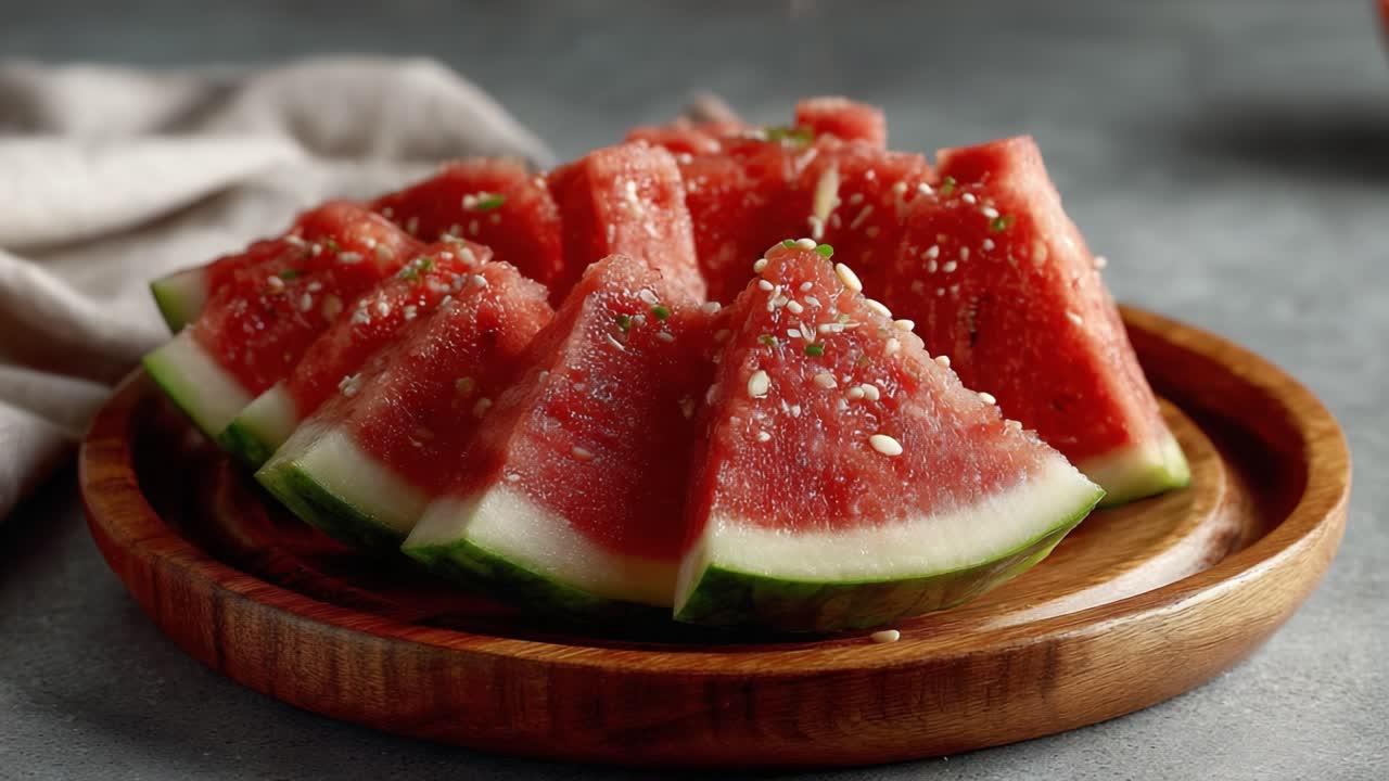 A Beautifully Arranged Plate of Refreshing Watermelon Slices Showcasing Their Juicy Red Flesh, Garnished with a Light Sprinkle of Seeds for Enhanced Presentation