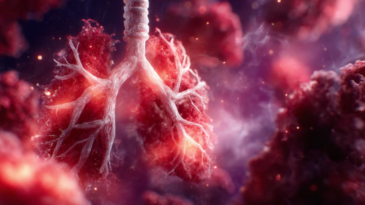 A Stunning Visualization of Human Lungs in Vibrant Color, Showcasing the Intricate Structure of Bronchial Airways Surrounded by Lively Cellular Particles