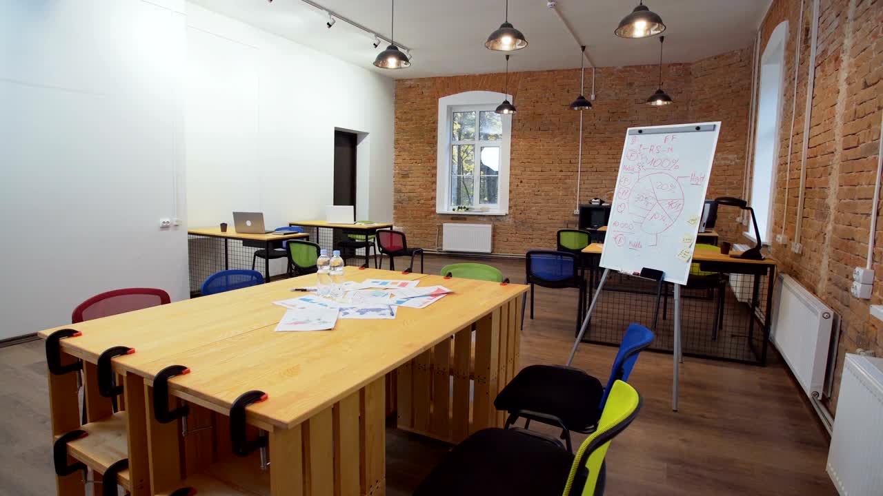 Modern Office Interior. Empty office trendy loft apartment warehouse conversion steadicam walk through around boardroom table