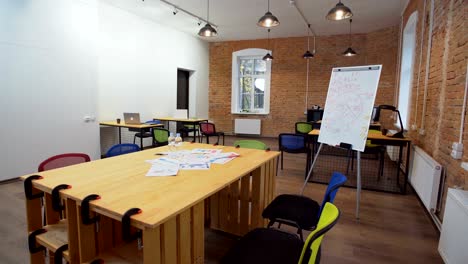 modern office interior. empty office trendy loft apartment warehouse conversion steadicam walk through around boardroom table