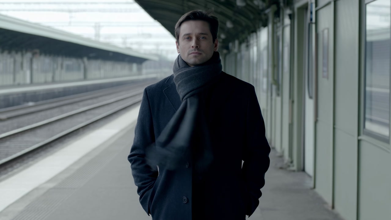 White Man Waiting On Platform, Contemplative Commuter In Dark Coat And Scarf, Empty Rails And Glass Shelter