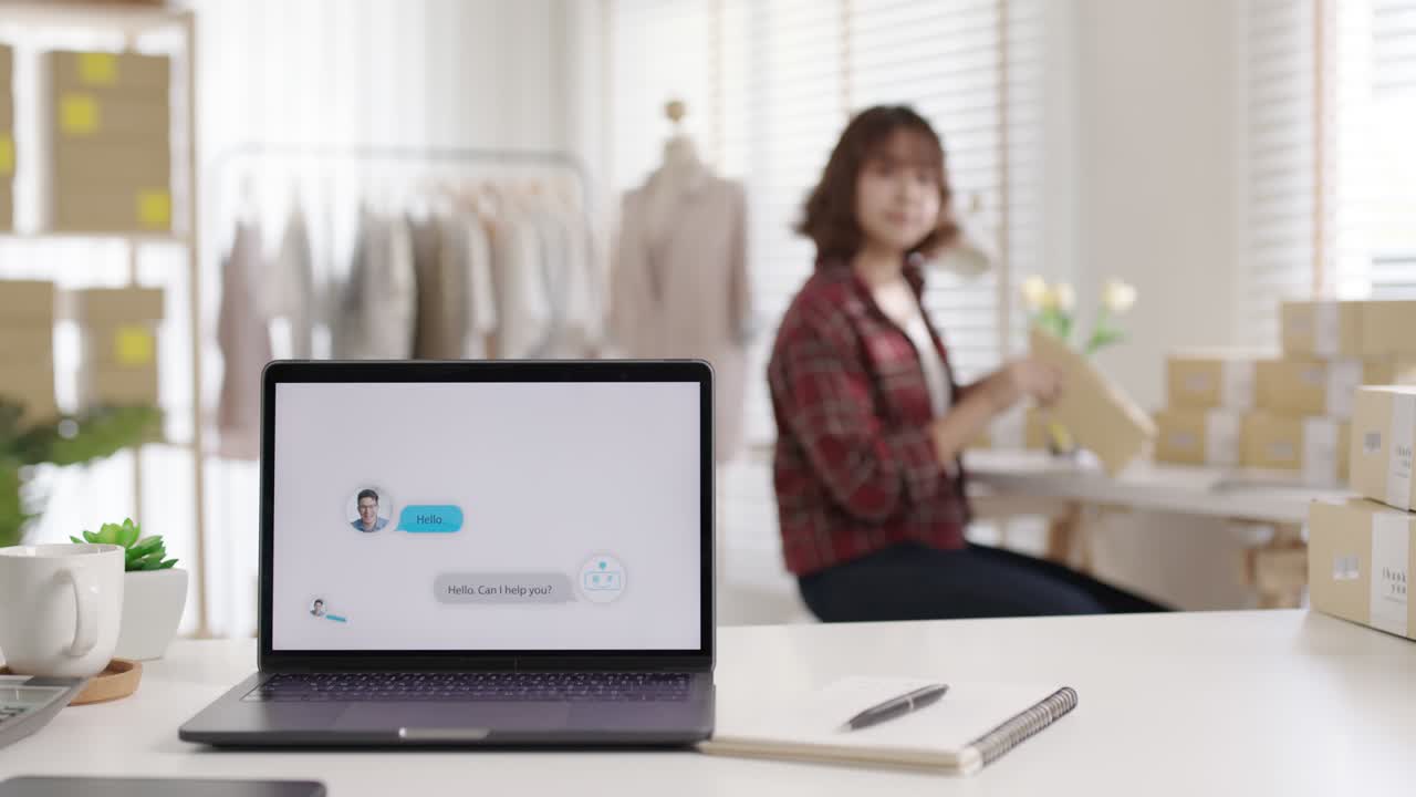 인공지능 기술과 함께 노트북 스크린 앱 인터페이스의 채팅 은 소규모 비즈니스를 위한 가상 로 어시스턴트 고객 지원 및 정보를 제공합니다.