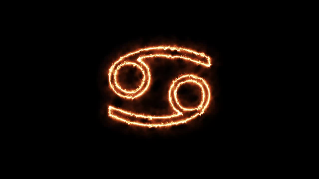 signos del zodiaco cáncer en llamas. animación en un fondo negro letras 4k video está ardiendo en una llama.