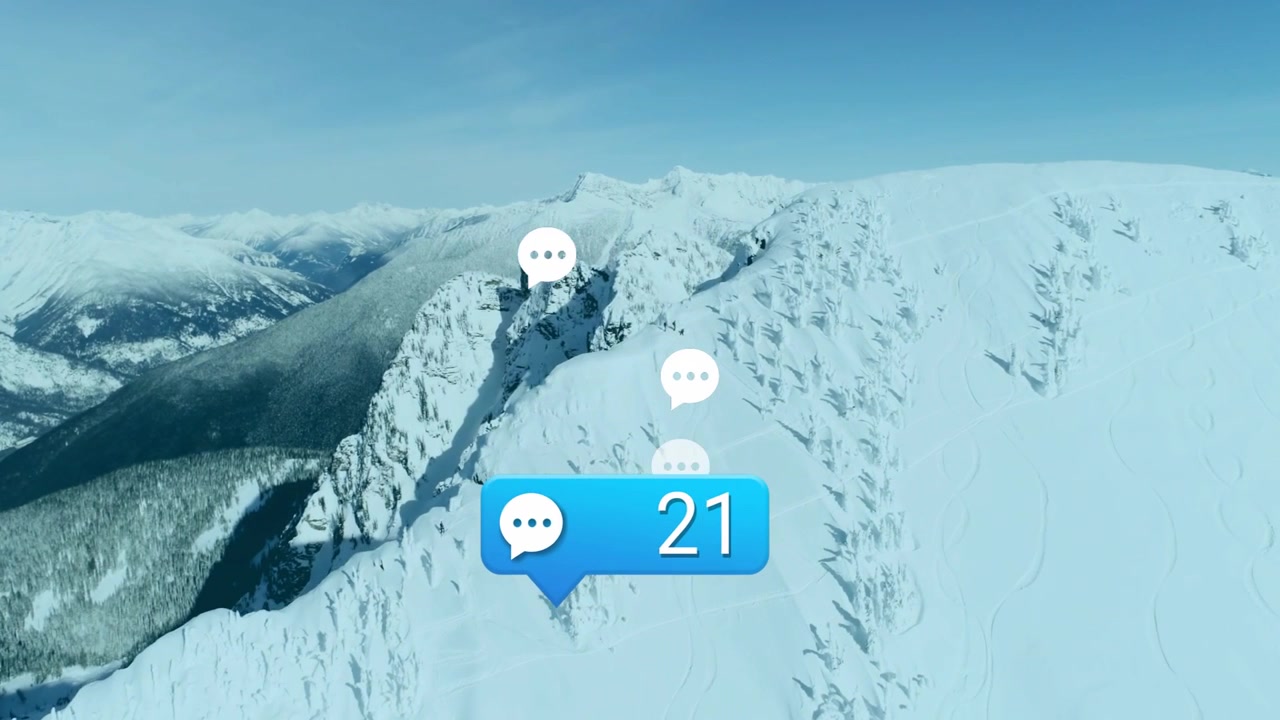Bolla blu che appare sopra una cresta innevata, facendo salire il conteggio mentre punti bianchi fluttuano per la crescita tecnologica.