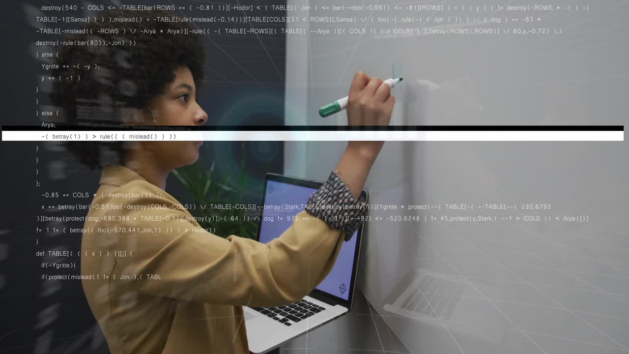 Woman glancing at open laptop, code overlay scrolling, drawing AR whiteboard lines for tech