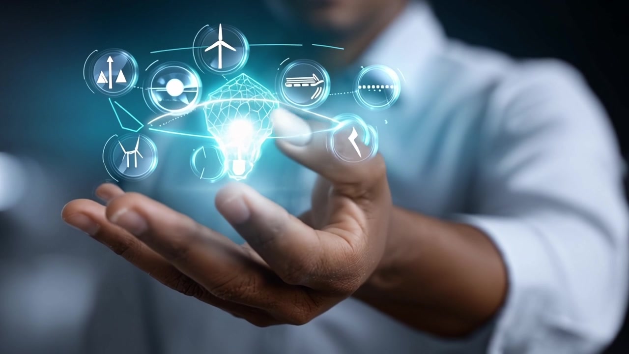 Person's Hand Holding Holographic Lightbulb with Connected Technology Icons