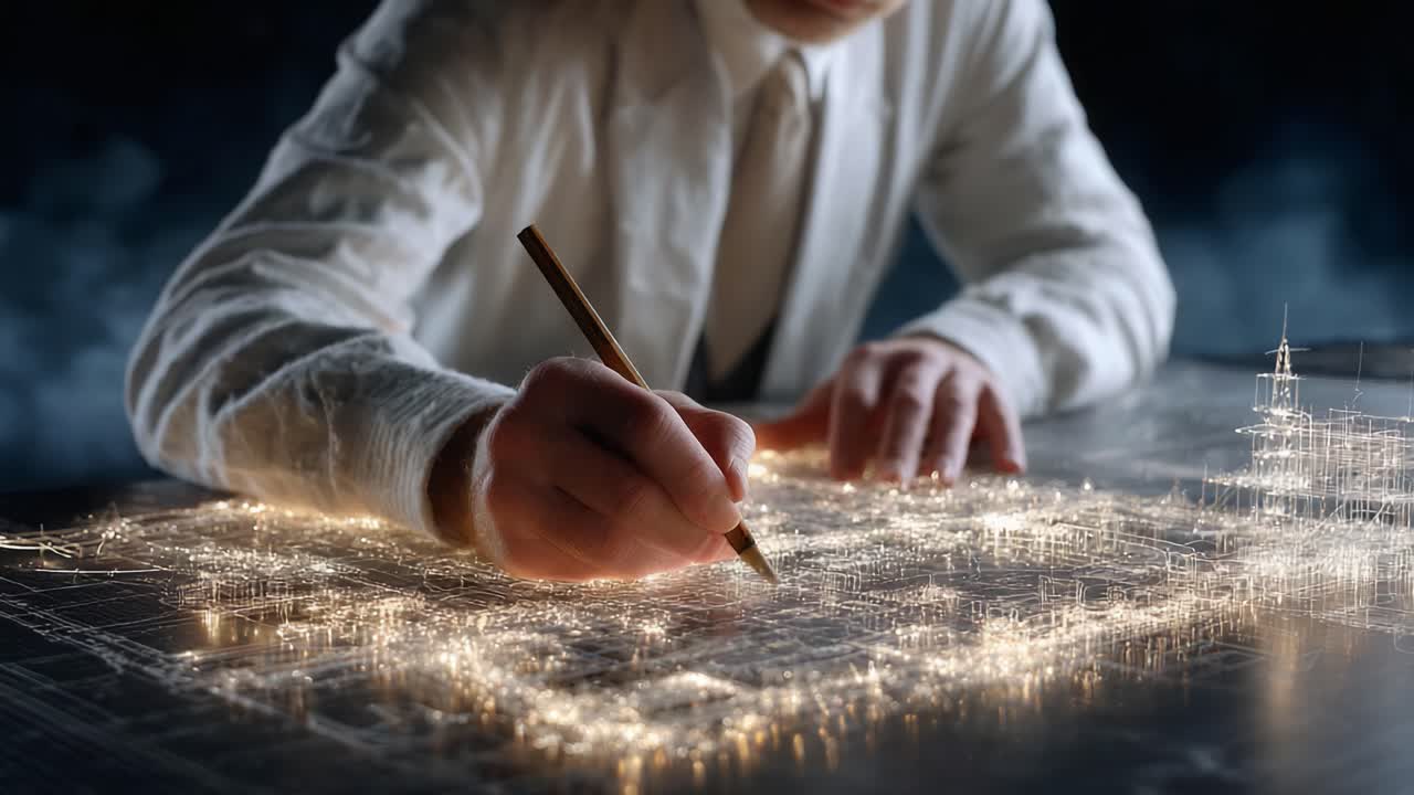 An Innovative Architect at Work, Skillfully Designing a Glowing Cityscape with Intricate Details and a Futuristic Vision, Captured in Two Dramatic Frames