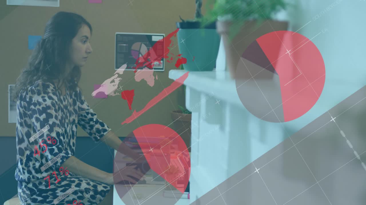 animación de la interfaz infográfica sobre una mujer caucásica analizando informes en el escritorio en la oficina