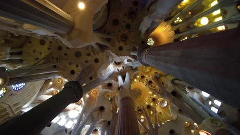 interior ceiling of la sagrada familia cathedral by antoni gaudi in barcelona, spain - low angle