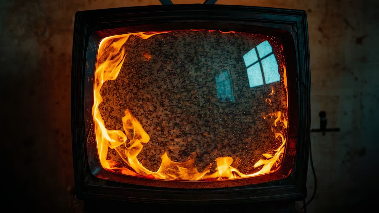 Una TV CRT vintage tremolante mostra fiamme interne e staticità in una stanza in penombra, con il riflesso di una finestra.