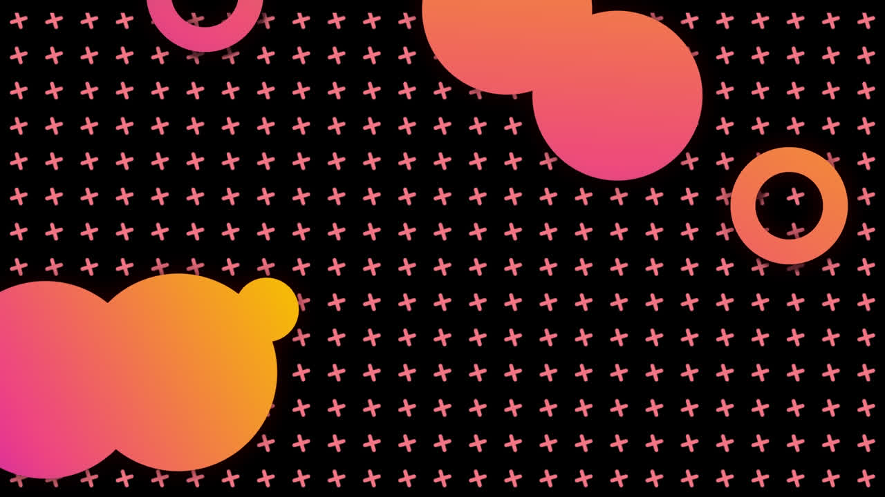 Animation of pink and orange circles over cross pattern on black background