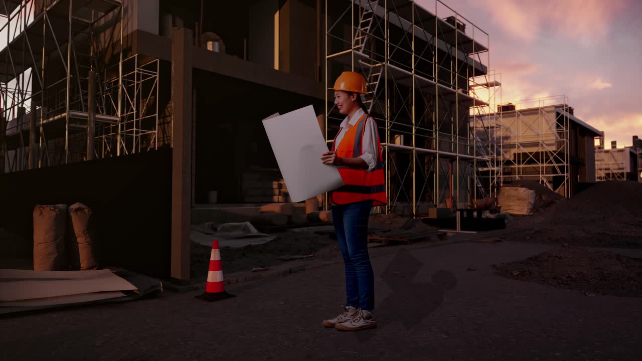Full Body Side View Of Asian Female Engineer With Safety Helmet Looking At Blueprint In Her Hands While Standing At Construction Site in Progress to New House