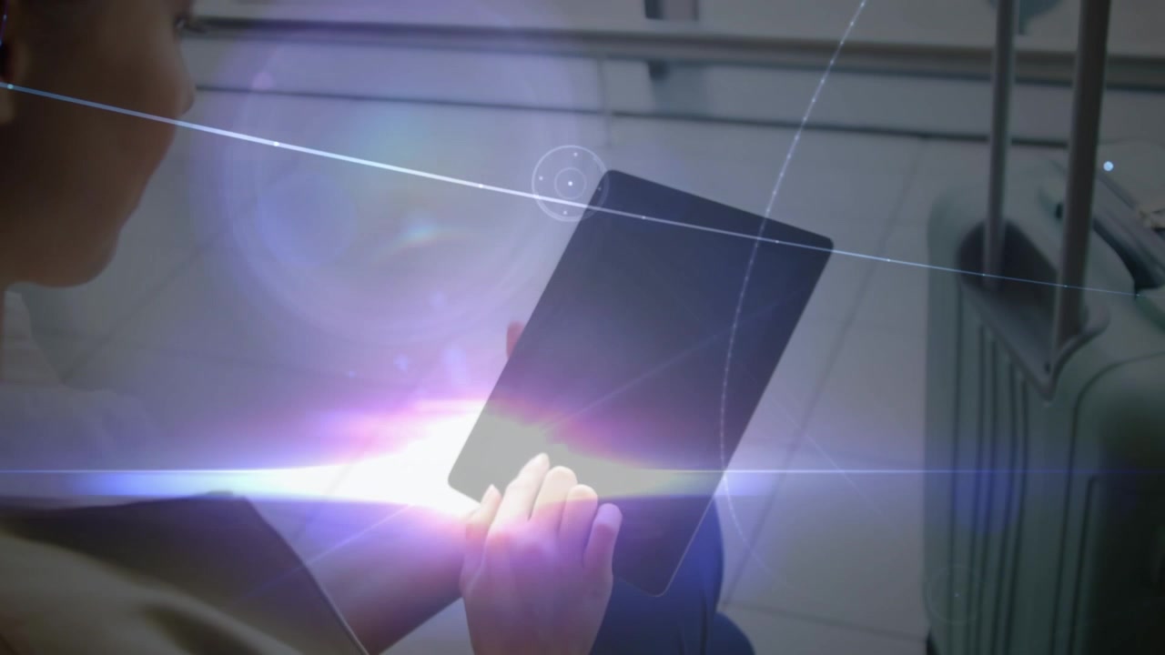 Animazione di una rete di connessioni su donna d'affari caucasica che utilizza un tablet.