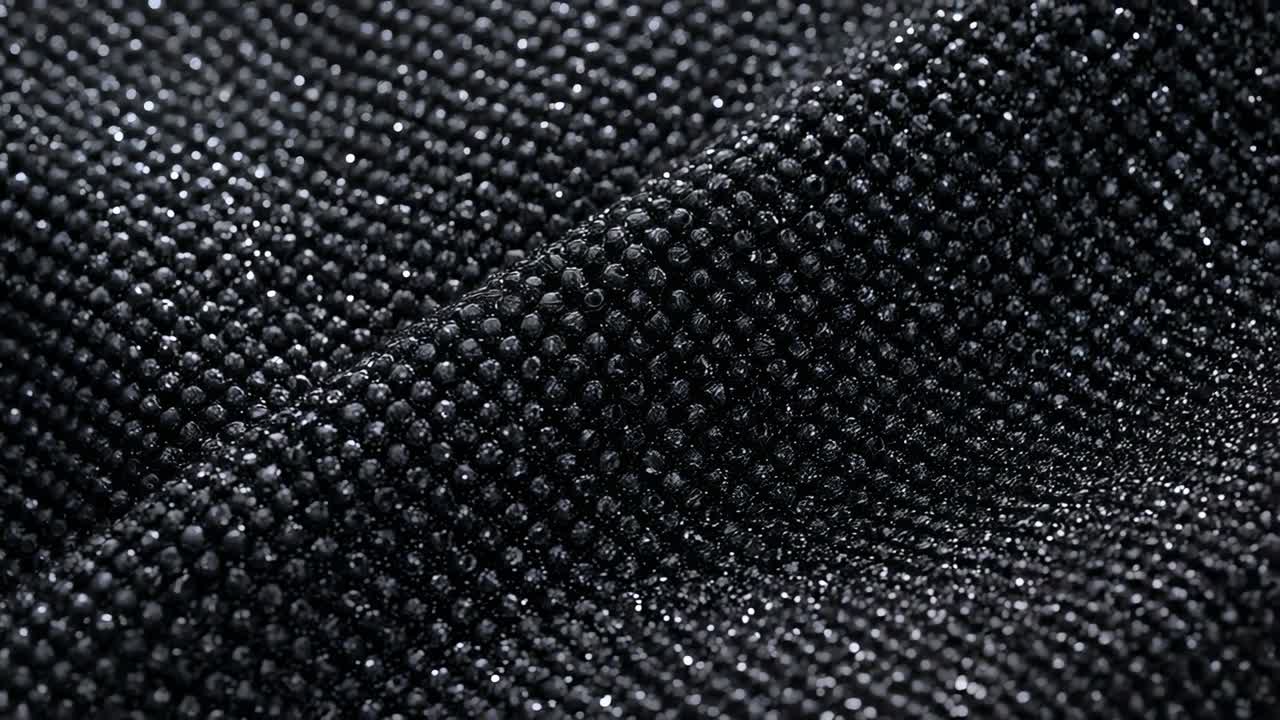 Vue macro changeante révélant un pli sur un tissu perlé en studio, les reflets mobiles montrant la texture